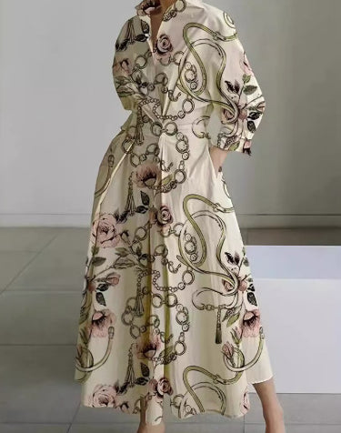 Robe Maxi Style Chemisier avec Taille Plissée et Coupe Évasée