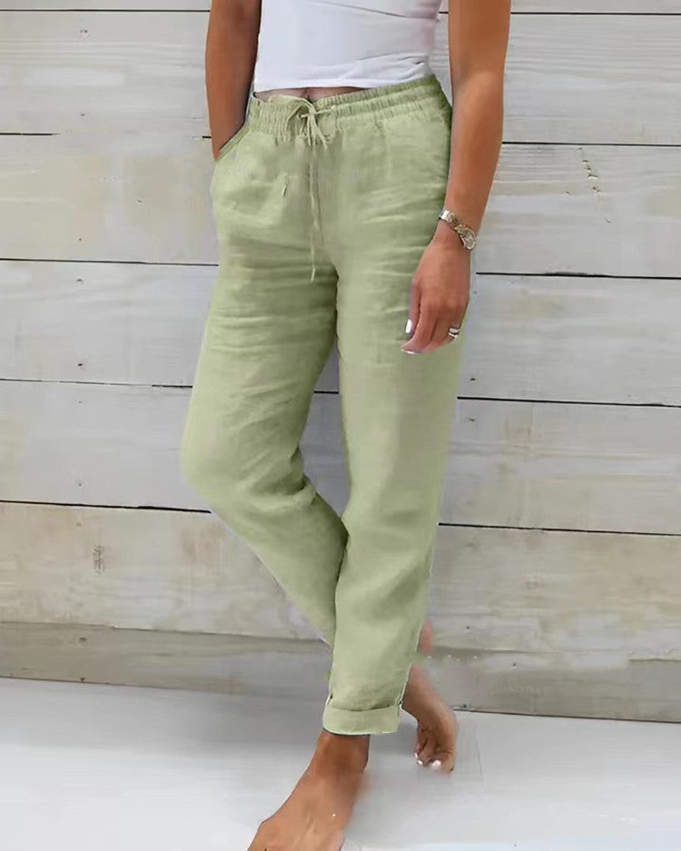 Pantalon Fluide en Coton et Lin - Taille Haute Élastique pour Femme