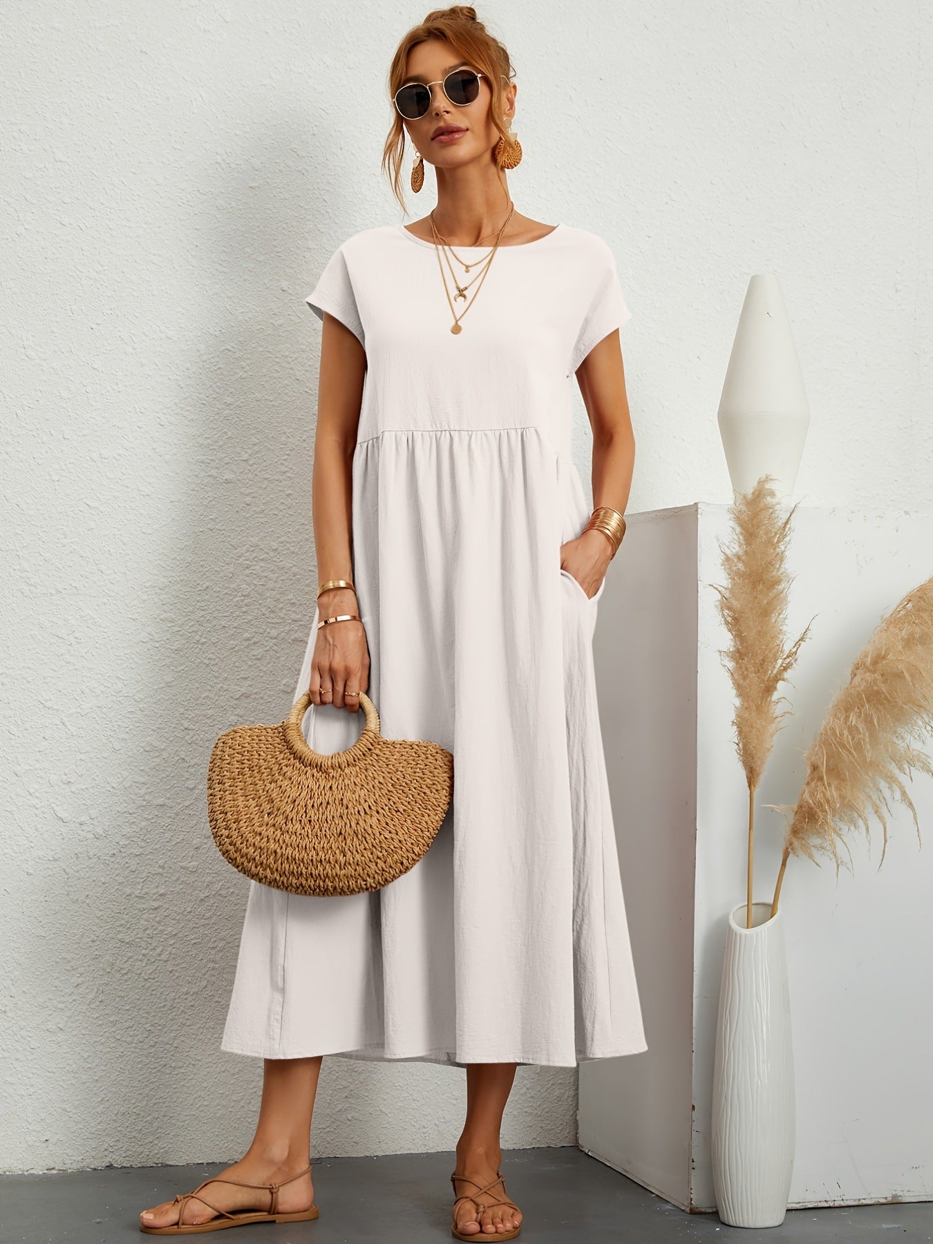 Robe Longue Fluide à Coupe Évasée et Taille Froncée