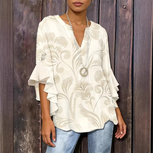 Blouse Bohème à Imprimé Floral et Manches Volantées en Cascade