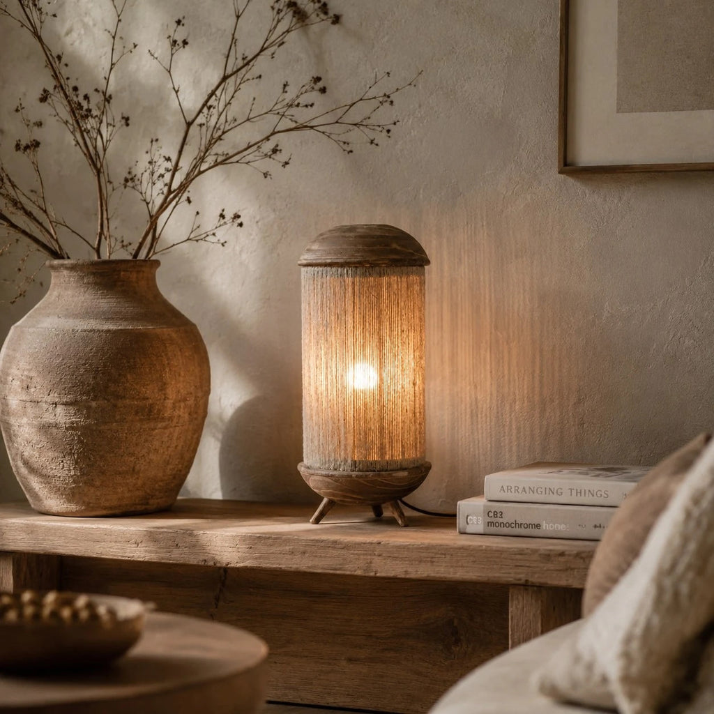 Sculptural Wood Base Table Lamp, Handcrafted Burlac Shade