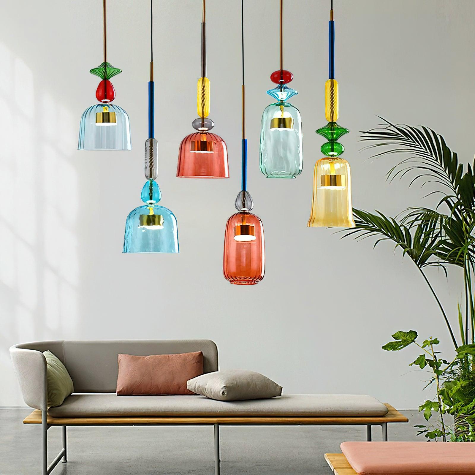 Candy Iron Hand Blown Glass Pendant Lamp — Colorful Mixed Color Glass Shade