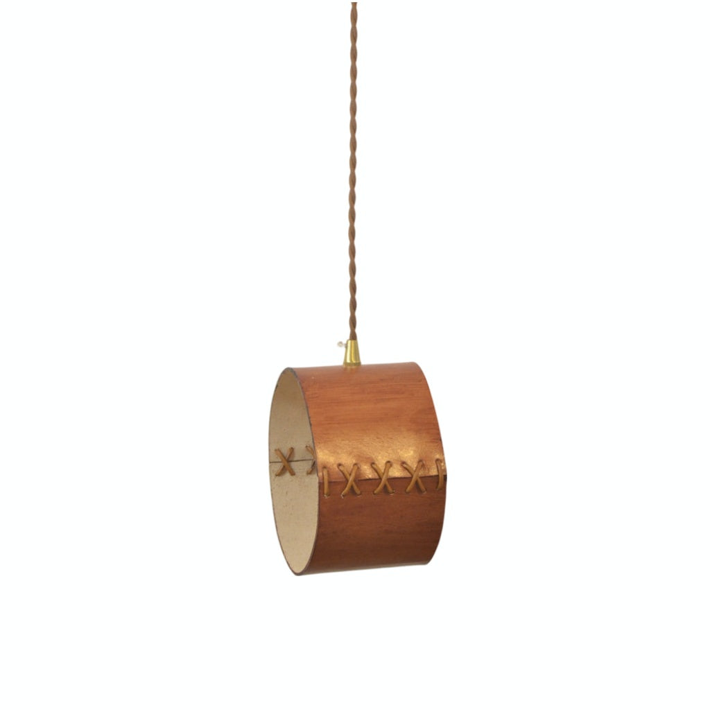 Cylinder Pendant Light — Hand-Laced Leather, Compact Silhouette, Warm Interior Shade