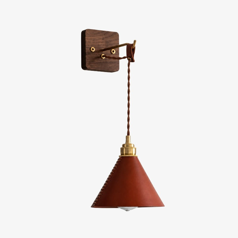 Hand-Stitched Leather Wall Sconce — Brass Collar, Cone Shape, 7.9 Inch Height