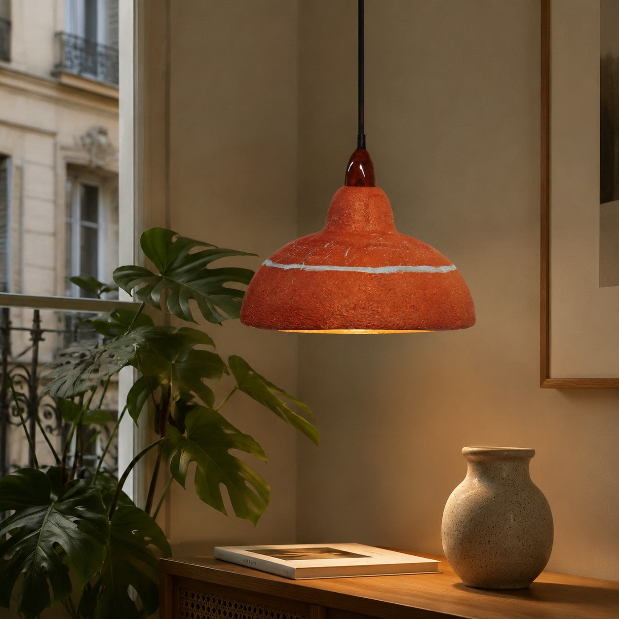 Hand-Painted Terracotta Resin Pendant Light — 35cm Dome, 7.3 Inch Height