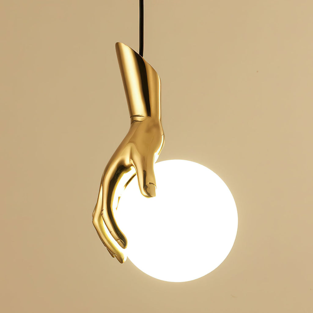 Sculptural Hand And Globe Hanging Lamp