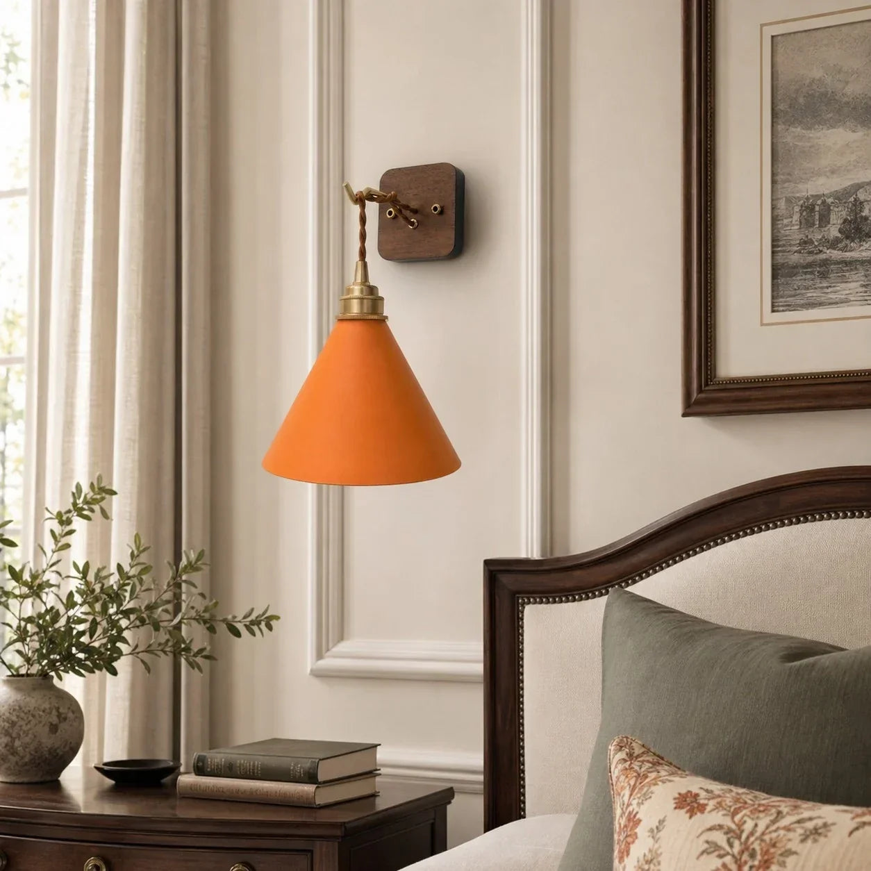 Hand-Stitched Leather Wall Sconce — Brass Collar, Cone Shape, 7.9 Inch Height