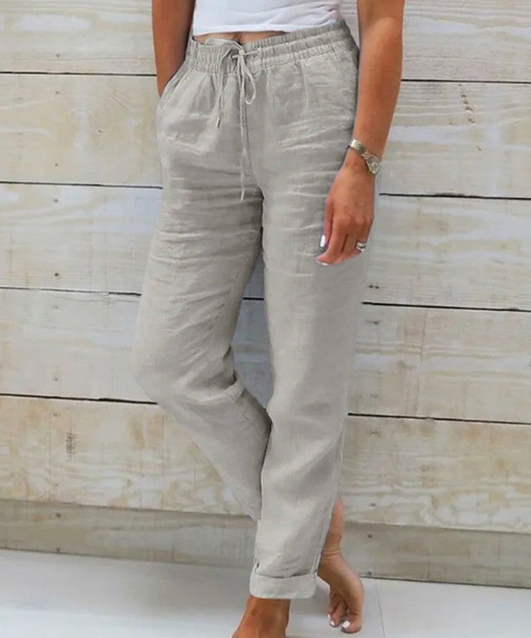Pantalon Fluide en Coton et Lin - Taille Haute Élastique pour Femme