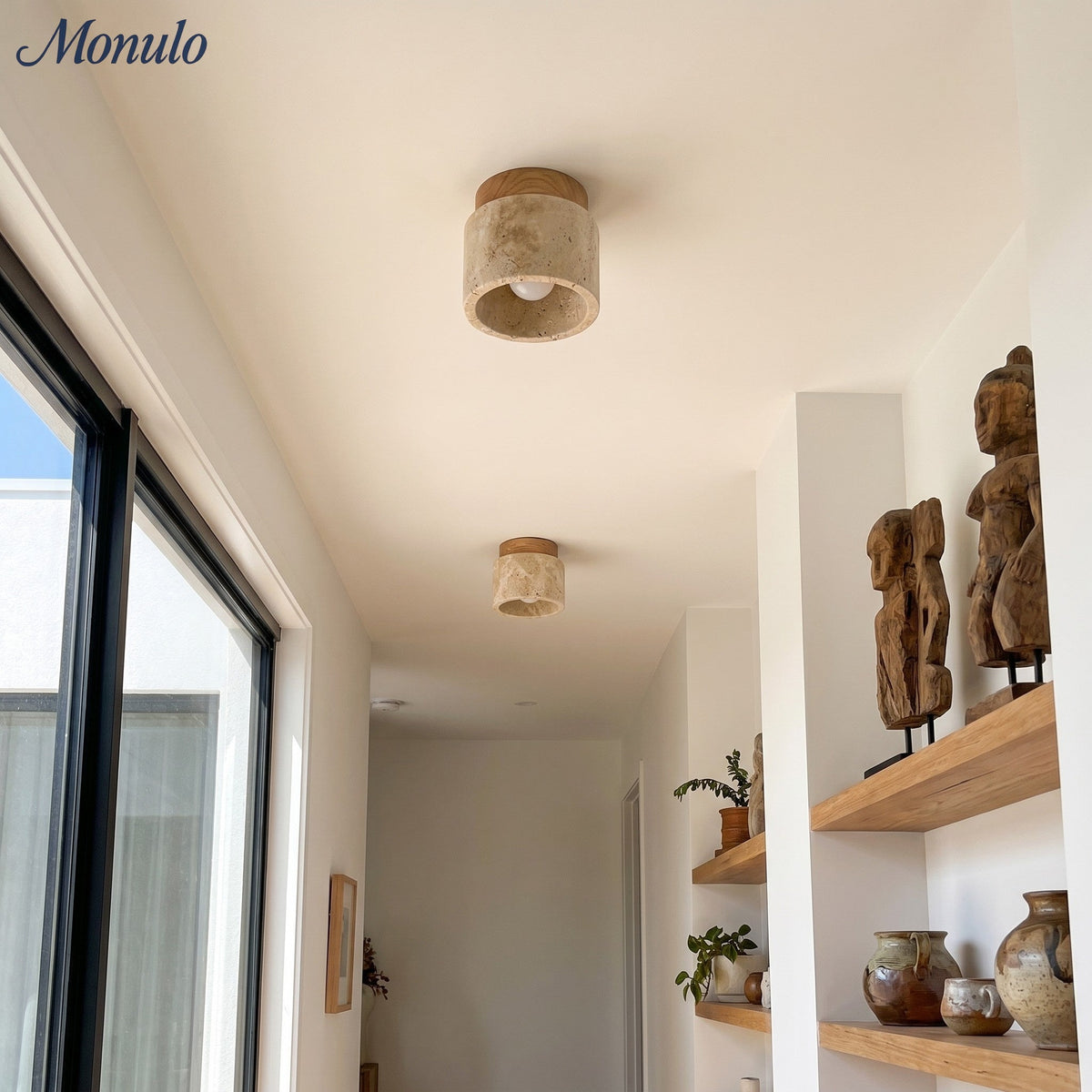 Travira Sculptural Wabi Sabi Ceiling Light — Travertine Marble and Wood