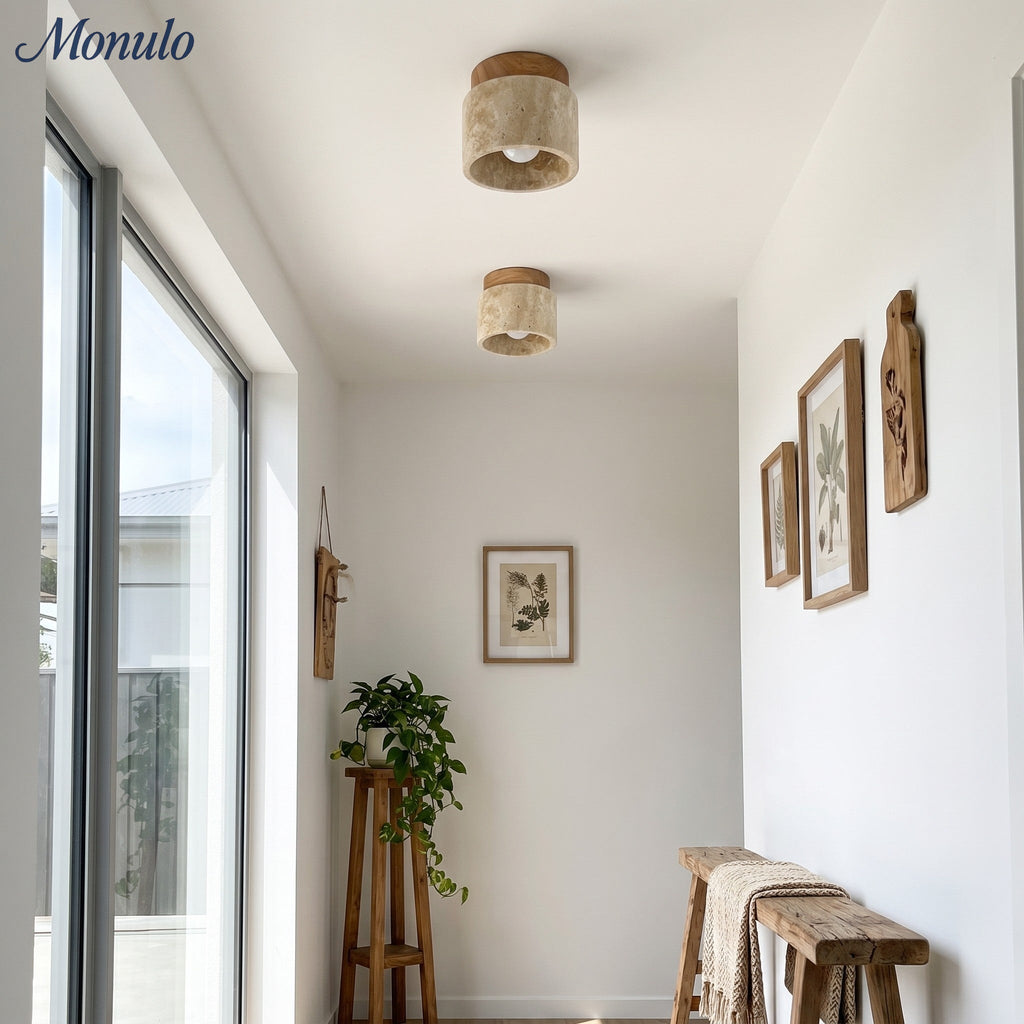 Travira Sculptural Wabi Sabi Ceiling Light — Travertine Marble and Wood