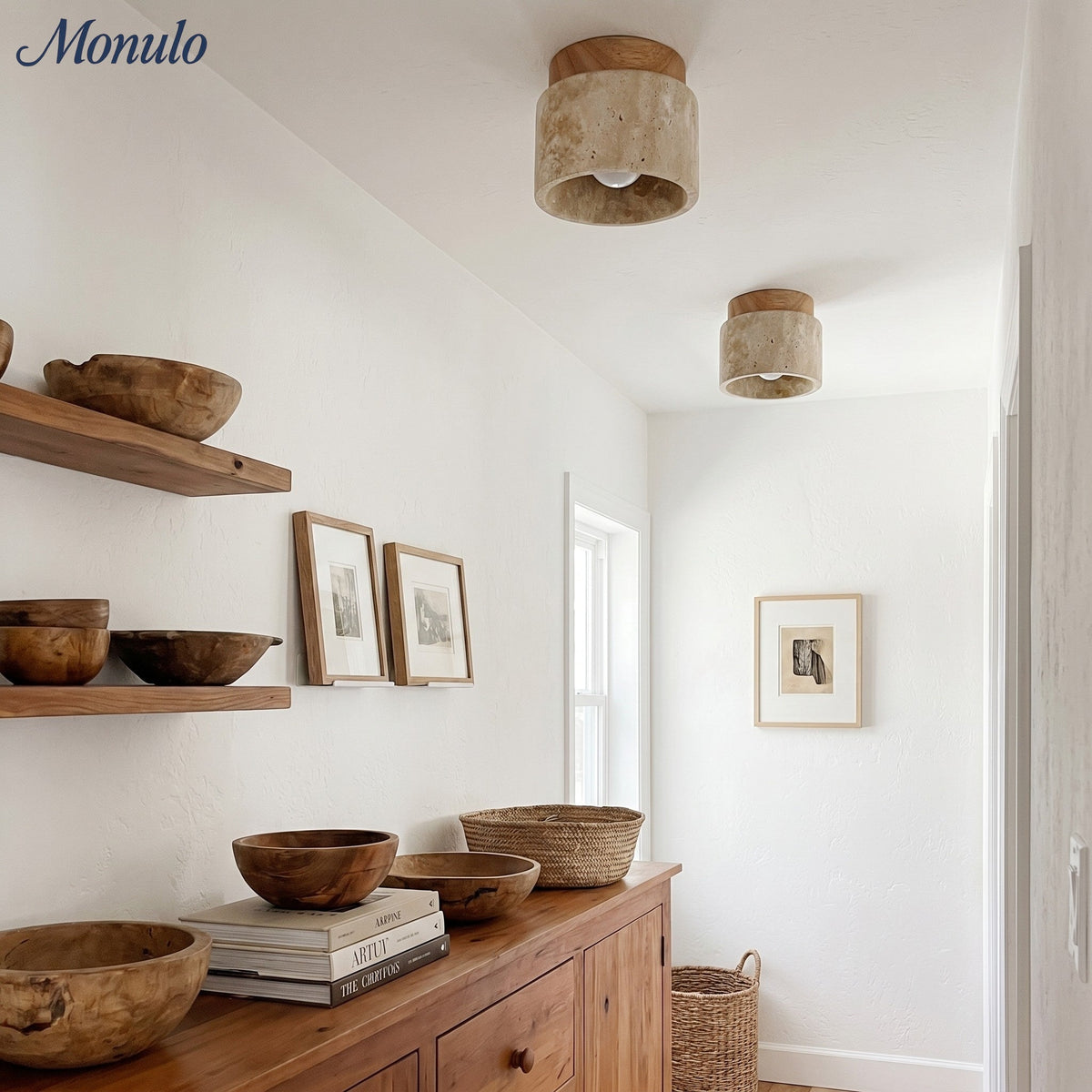 Travira Sculptural Wabi Sabi Ceiling Light — Travertine Marble and Wood
