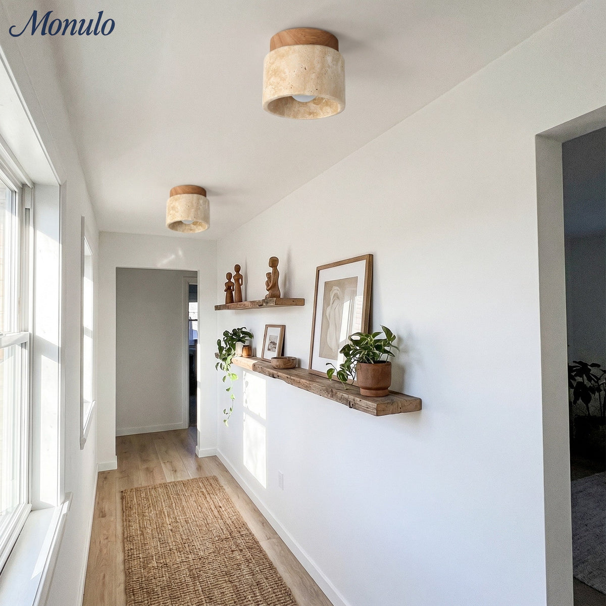 Travira Sculptural Wabi Sabi Ceiling Light — Travertine Marble and Wood
