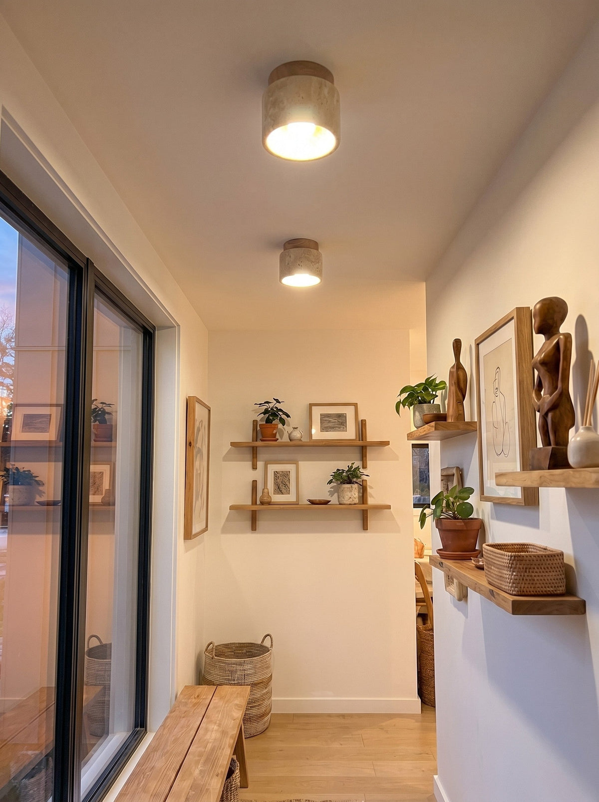 Travira Sculptural Wabi Sabi Ceiling Light — Travertine Marble and Wood