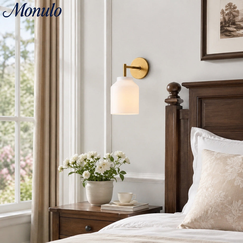 Hanton Minimal Wall Sconce — Vintage Milk Glass Shade, Metal Accent Hardware