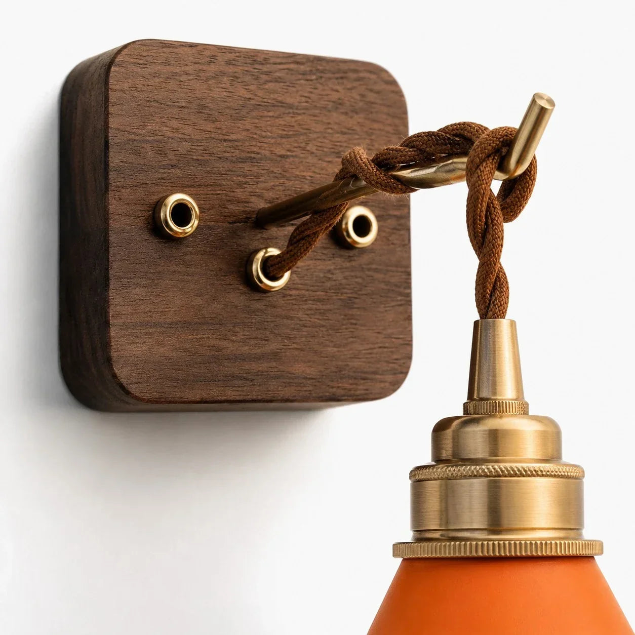 Hand-Stitched Leather Wall Sconce — Brass Collar, Cone Shape, 7.9 Inch Height