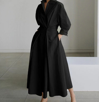Robe Maxi Style Chemisier avec Taille Plissée et Coupe Évasée