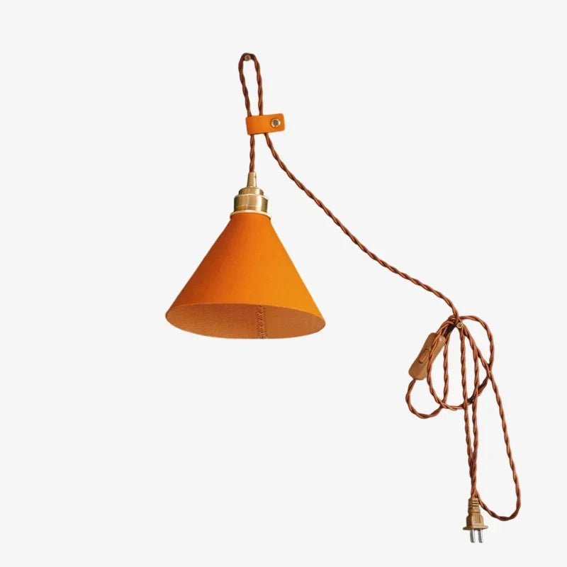 Hand-Stitched Leather Wall Sconce — Brass Collar, Cone Shape, 7.9 Inch Height