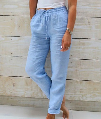 Pantalon Fluide en Coton et Lin - Taille Haute Élastique pour Femme