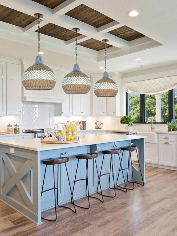 Blue Rattan Pendant Light — Handwoven Shade, Subtle Weave Texture