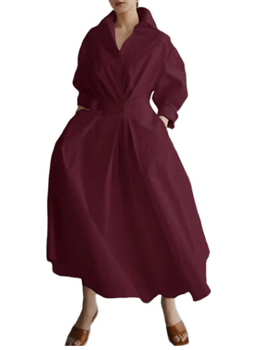 Robe Maxi Style Chemisier avec Taille Plissée et Coupe Évasée