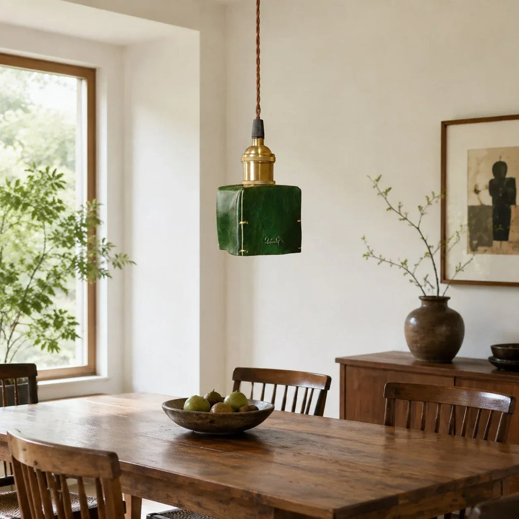 Hand-Shaped Leather Pendant Light — Brass Hardware, Deep Brown