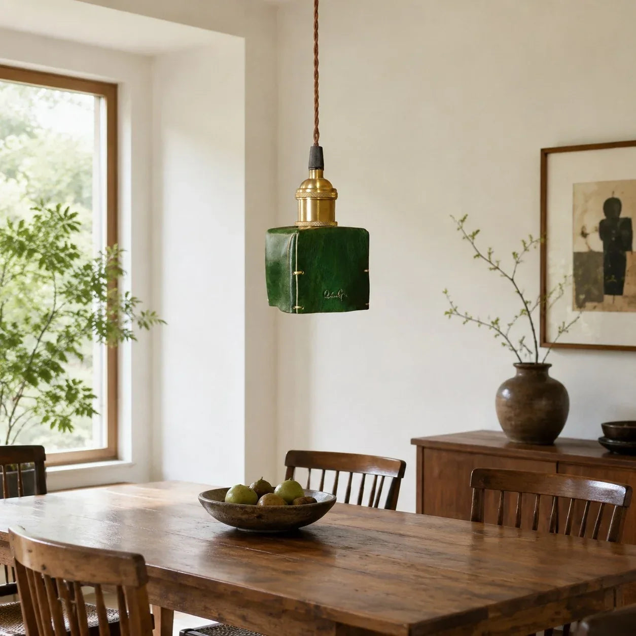 Hand-Shaped Leather Pendant Light — Brass Hardware, Deep Brown