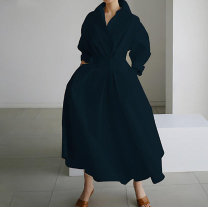 Robe Maxi Style Chemisier avec Taille Plissée et Coupe Évasée