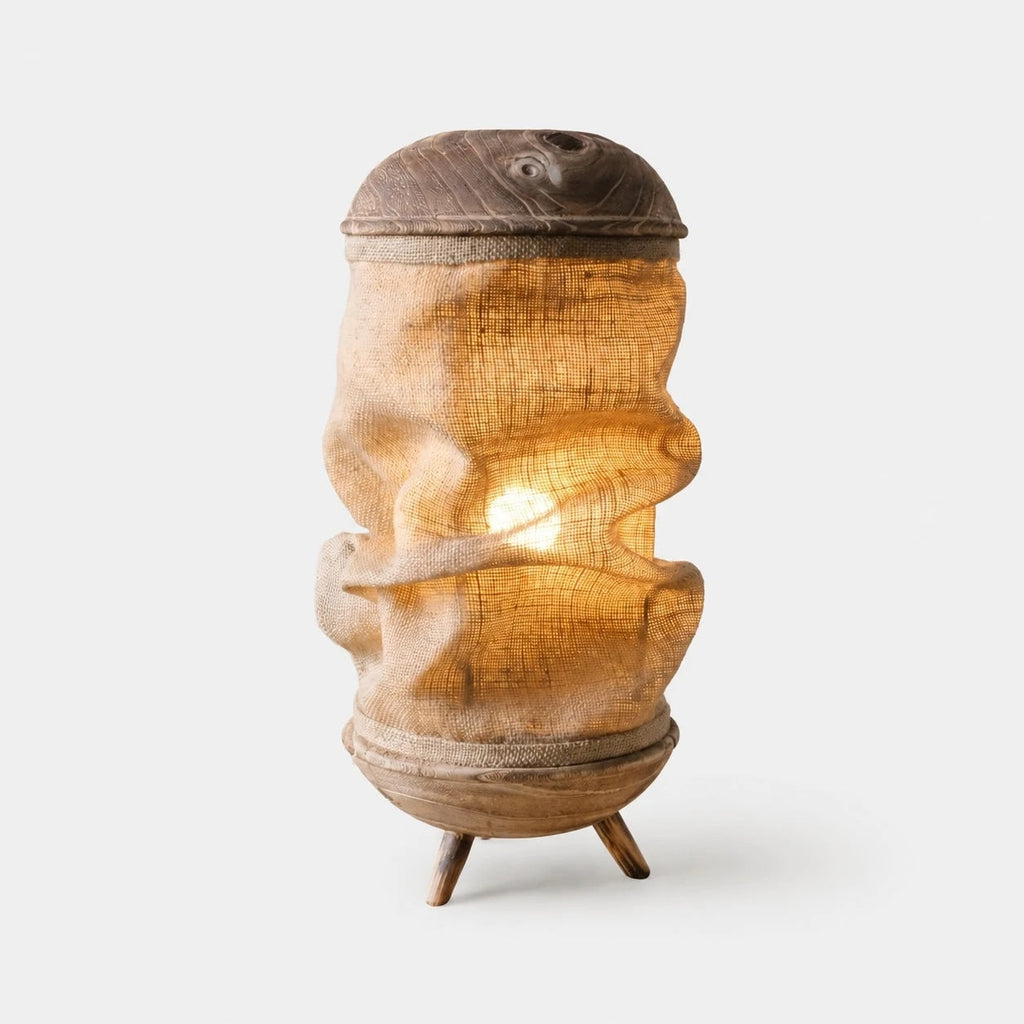 Sculptural Wood Base Table Lamp, Handcrafted Burlac Shade