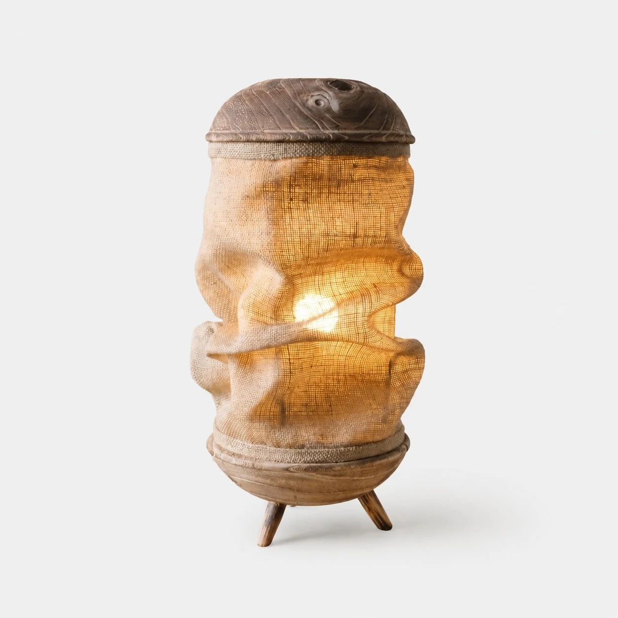 Sculptural Wood Base Table Lamp, Handcrafted Burlac Shade