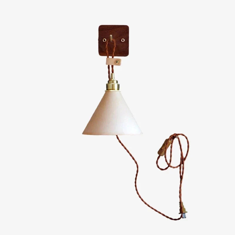 Hand-Stitched Leather Wall Sconce — Brass Collar, Cone Shape, 7.9 Inch Height