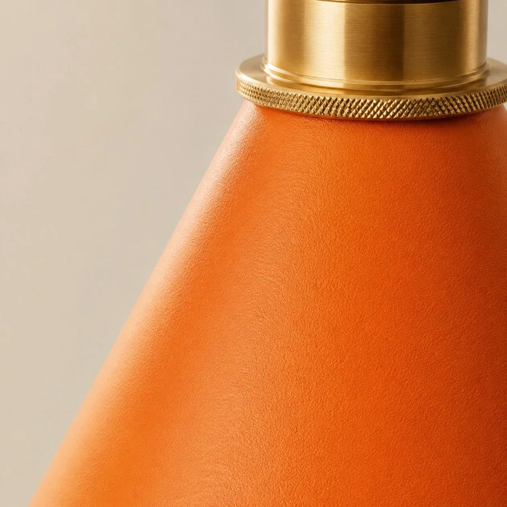 Hand-Stitched Leather Wall Sconce — Brass Collar, Cone Shape, 7.9 Inch Height