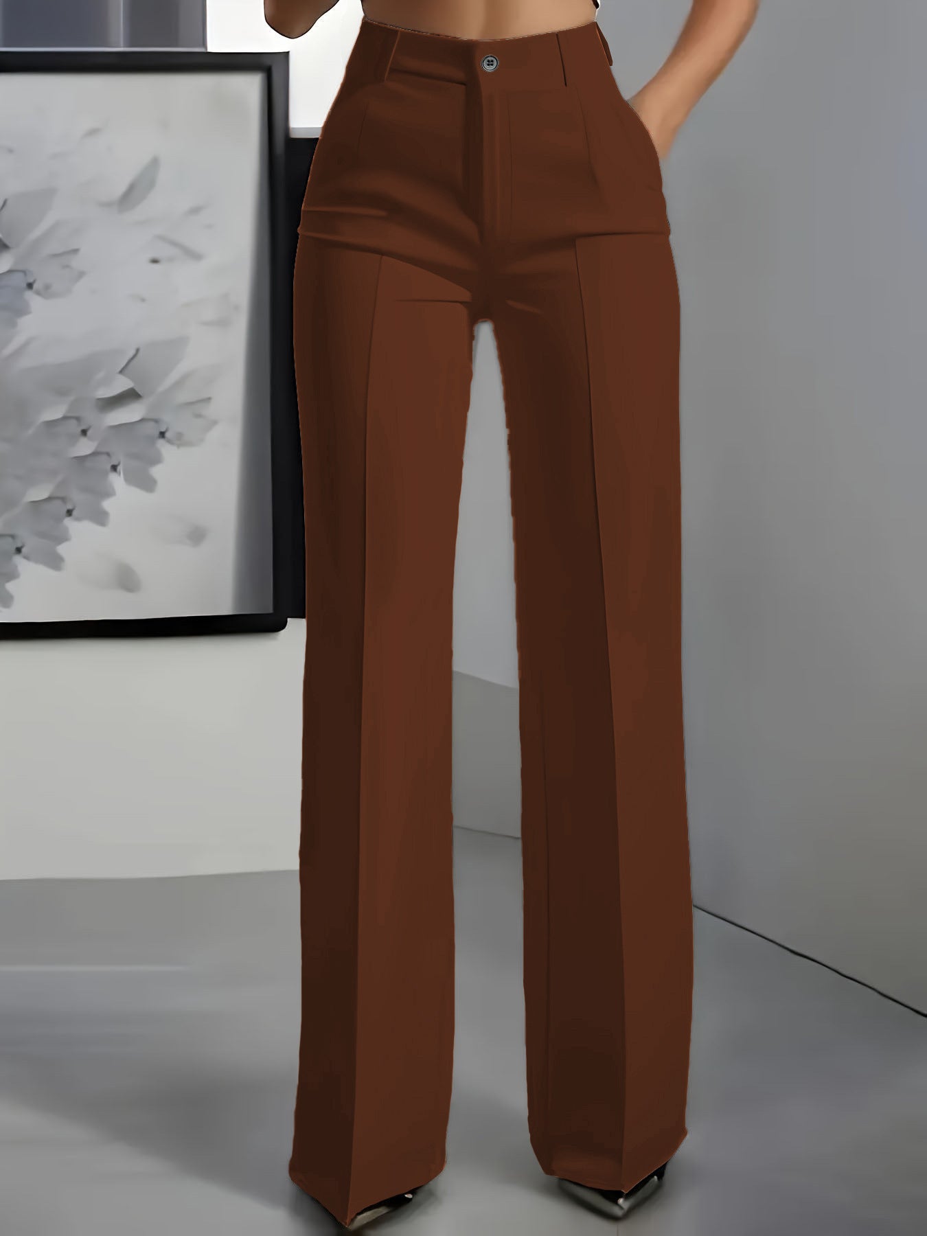 Pantalon de Tailleur Large à Taille Haute et Plis Marqués