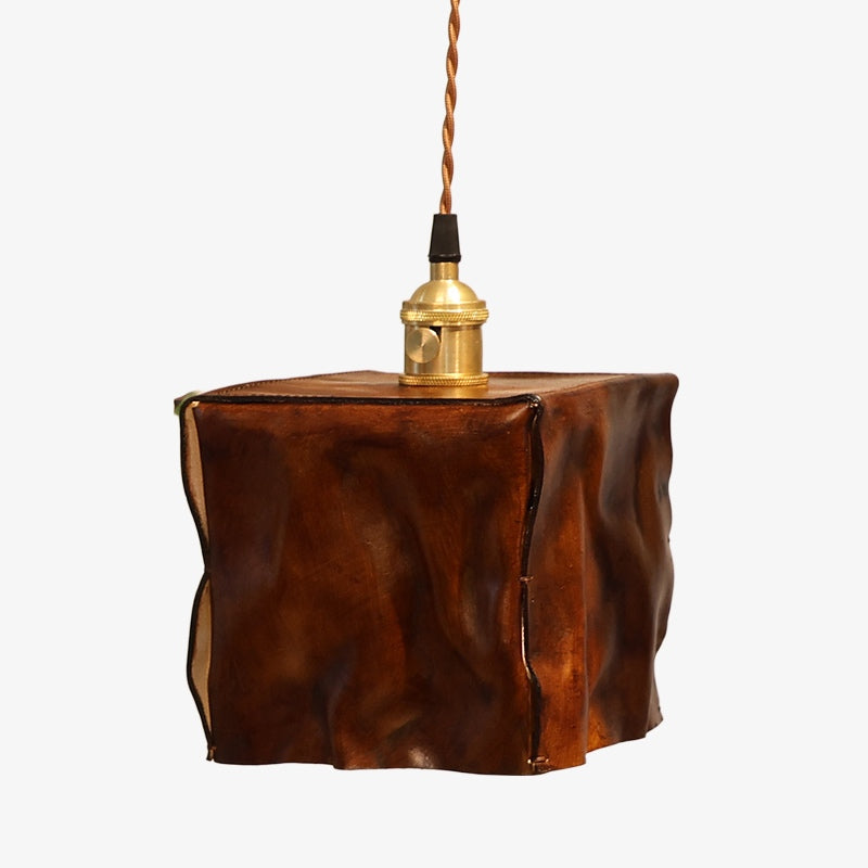 Hand-Shaped Leather Pendant Light — Brass Hardware, Deep Brown