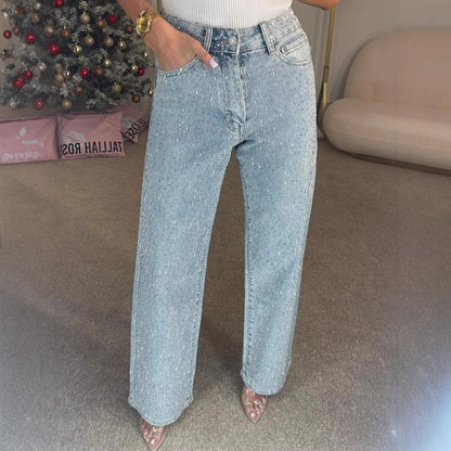 Pantalon Denim Large Orné de Cristaux Lumineux