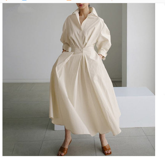 Robe Maxi Style Chemisier avec Taille Plissée et Coupe Évasée