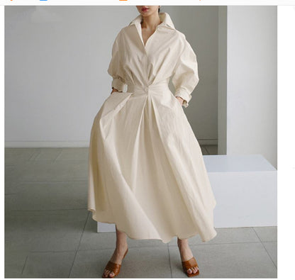 Robe Maxi Style Chemisier avec Taille Plissée et Coupe Évasée