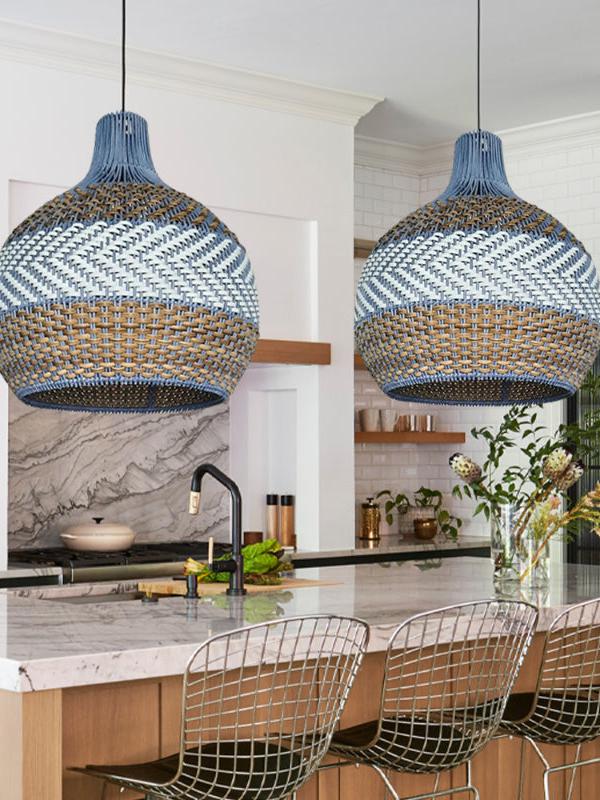 Blue Rattan Pendant Light — Handwoven Shade, Subtle Weave Texture