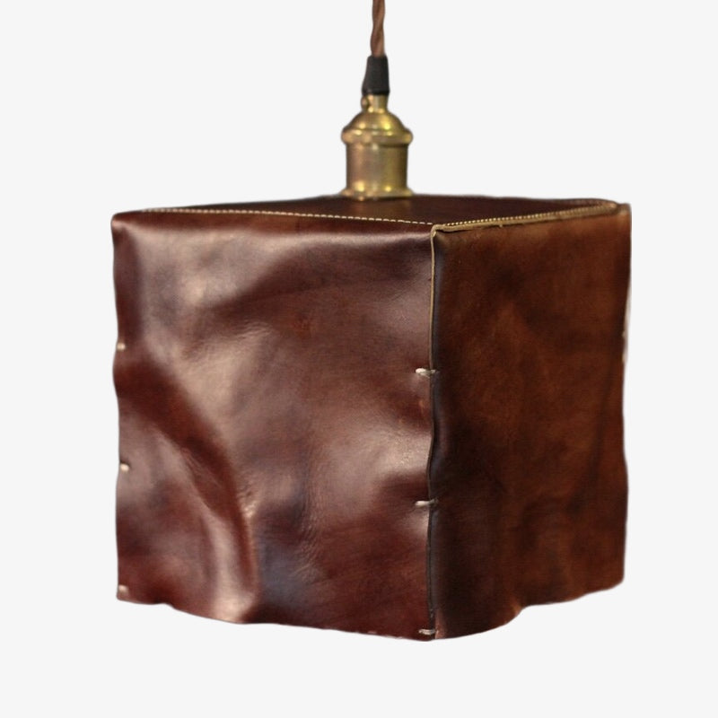 Hand-Shaped Leather Pendant Light — Brass Hardware, Deep Brown