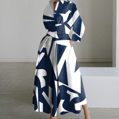 Robe Maxi Style Chemisier avec Taille Plissée et Coupe Évasée