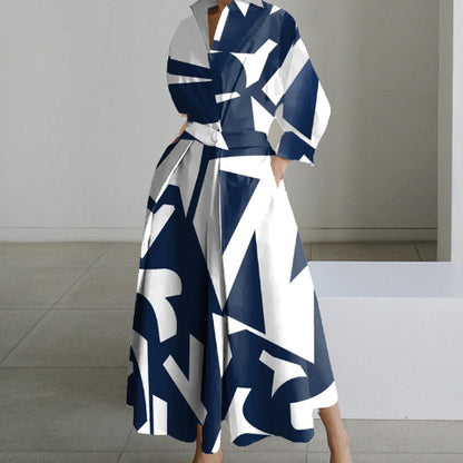 Robe Maxi Style Chemisier avec Taille Plissée et Coupe Évasée