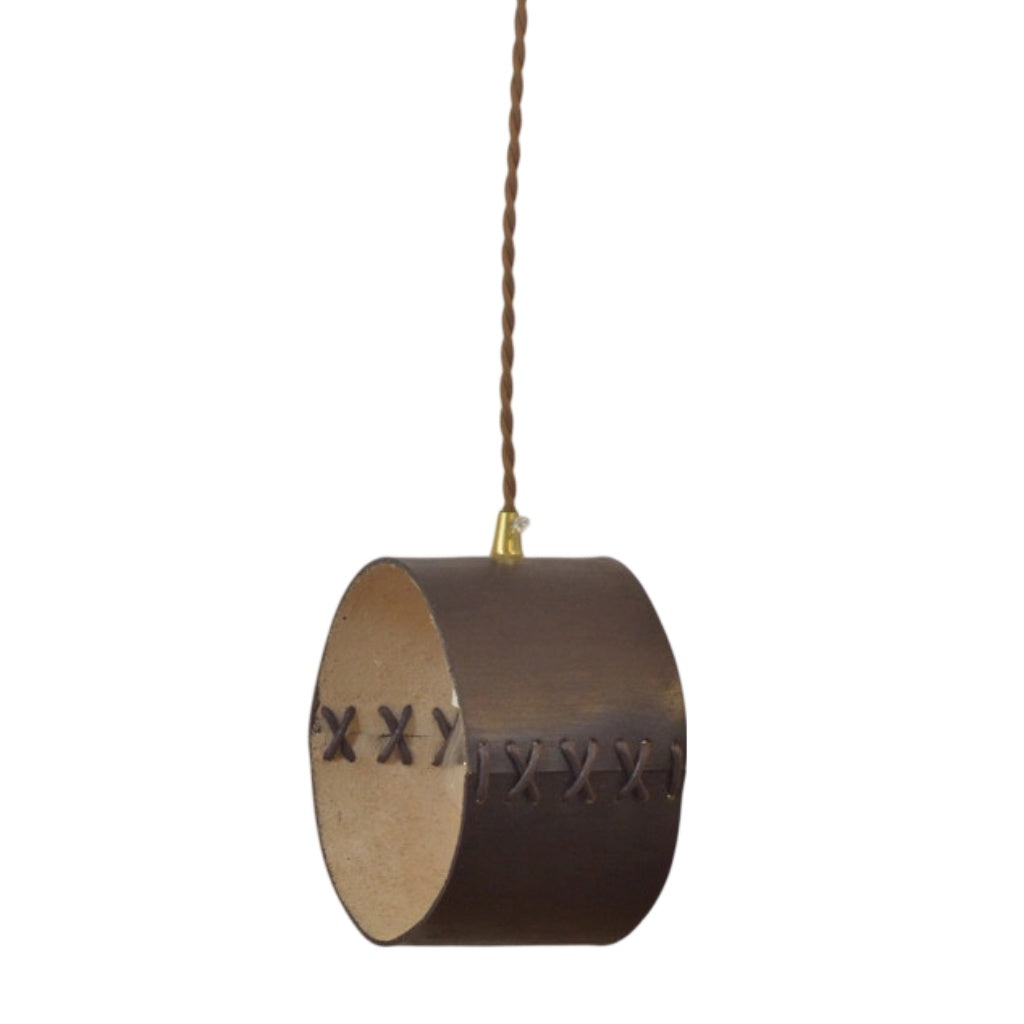 Cylinder Pendant Light — Hand-Laced Leather, Compact Silhouette, Warm Interior Shade