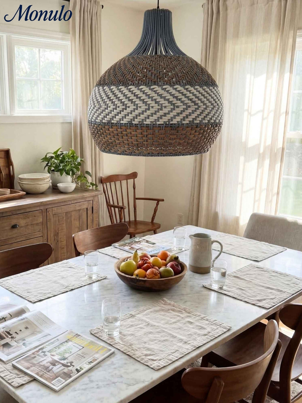 Blue Rattan Pendant Light — Handwoven Shade, Subtle Weave Texture