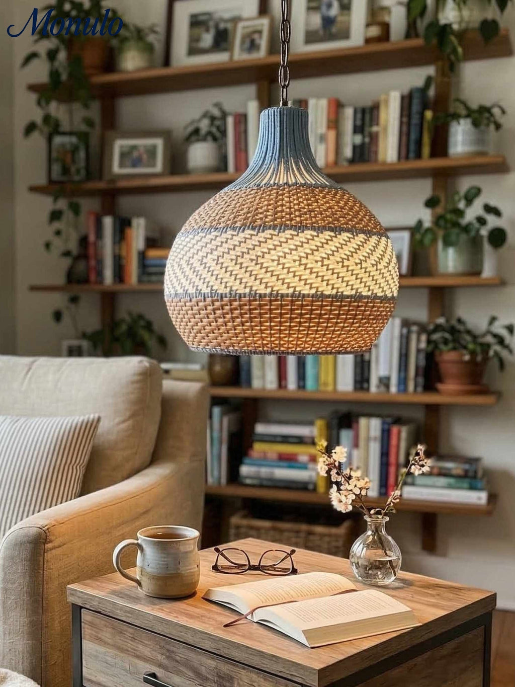 Blue Rattan Pendant Light — Handwoven Shade, Subtle Weave Texture