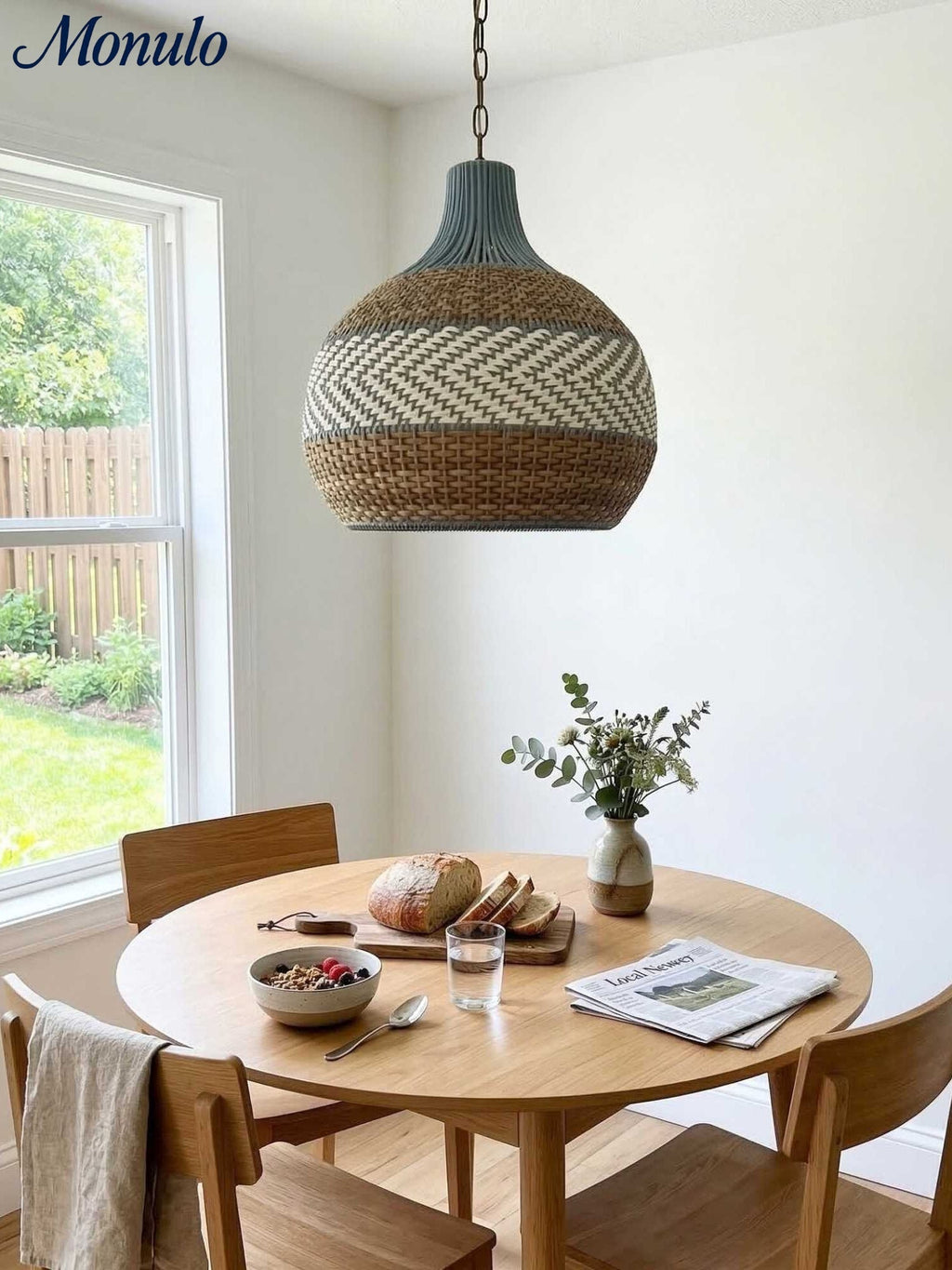 Blue Rattan Pendant Light — Handwoven Shade, Subtle Weave Texture
