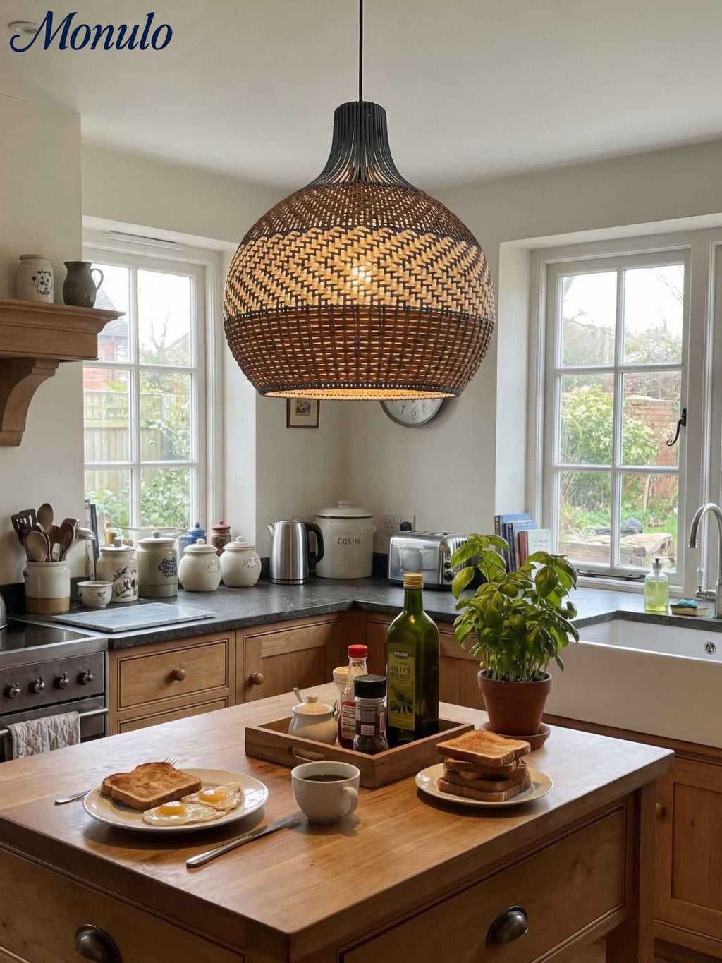 Blue Rattan Pendant Light — Handwoven Shade, Subtle Weave Texture