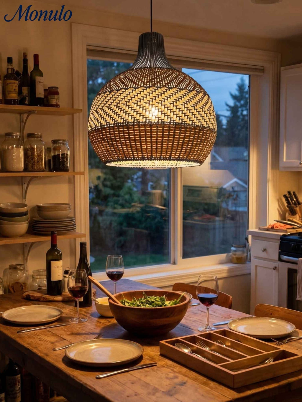 Blue Rattan Pendant Light — Handwoven Shade, Subtle Weave Texture