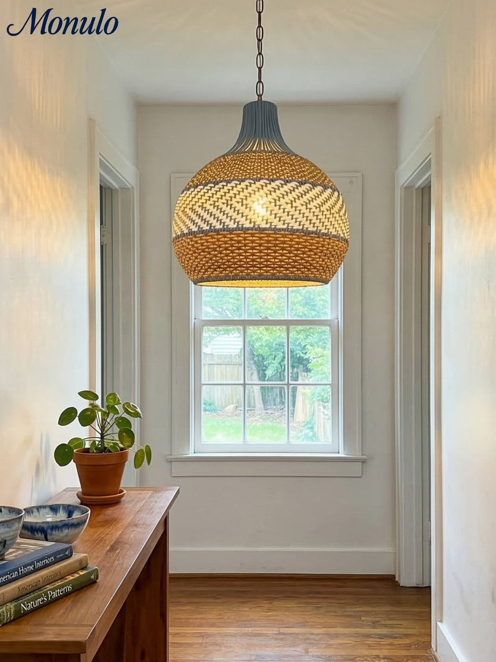 Blue Rattan Pendant Light — Handwoven Shade, Subtle Weave Texture
