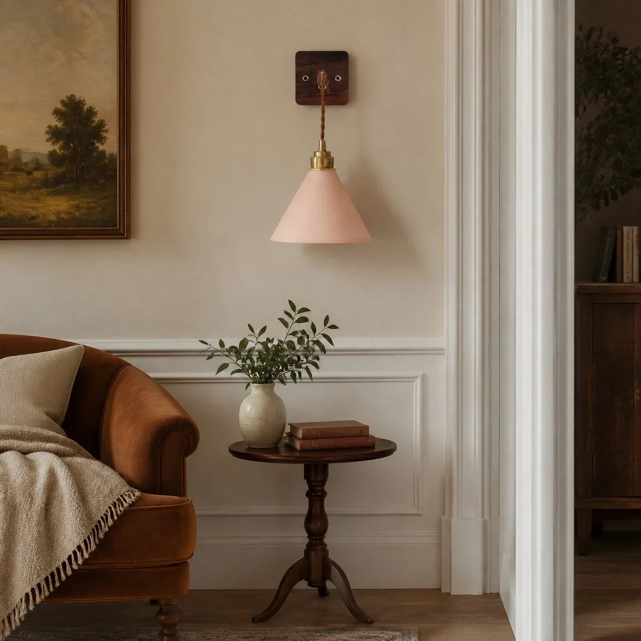 Hand-Stitched Leather Wall Sconce — Brass Collar, Cone Shape, 7.9 Inch Height