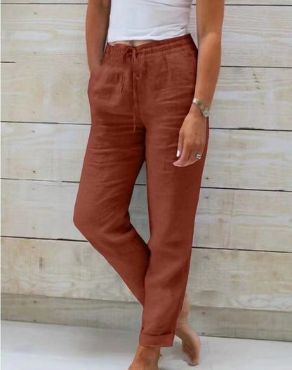 Pantalon Fluide en Coton et Lin - Taille Haute Élastique pour Femme