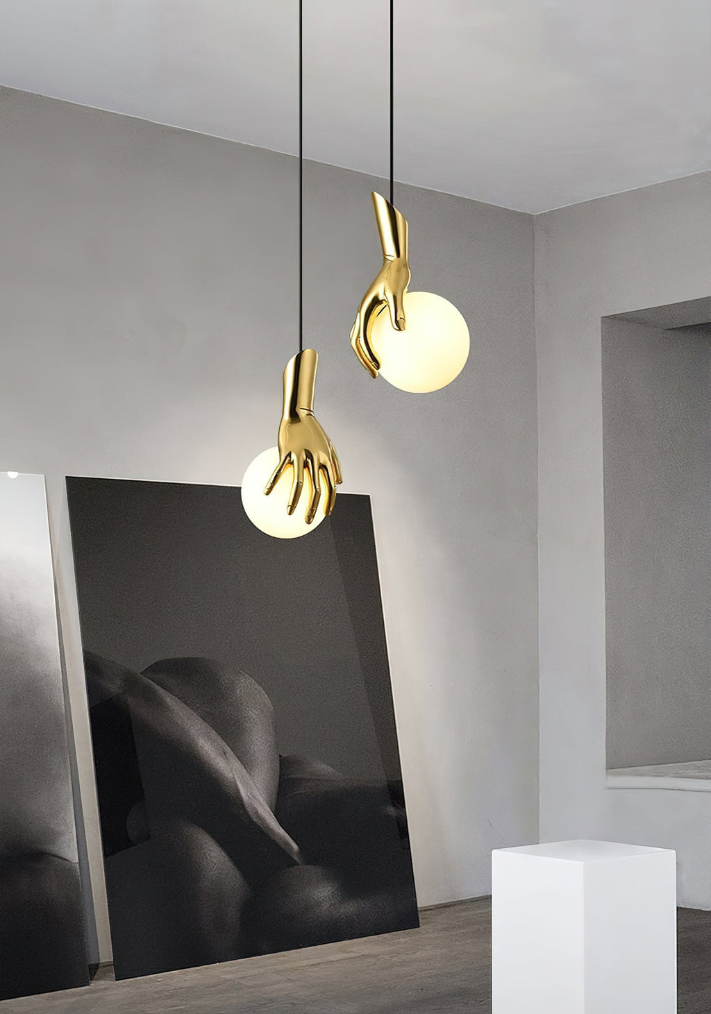 Sculptural Hand And Globe Hanging Lamp